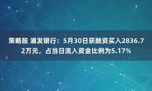策略股 浦发银行：5月30日获融资买入2836.72万元，占当日流入资金比例为5.17%